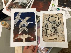 Bird print and string-technique gelli print, examples from a Listen Delicious class